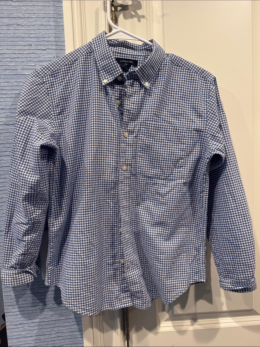 Lands' End boy's Navy and White Gingham Button-Down Shirt